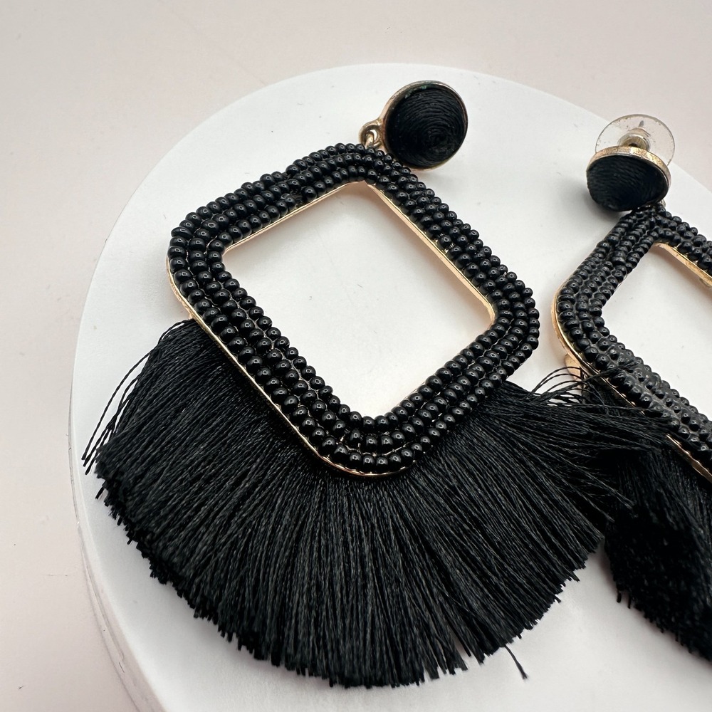 90s Vintage Black Tassel Beaded Square Drop Earrings Gold Tone Jewelry